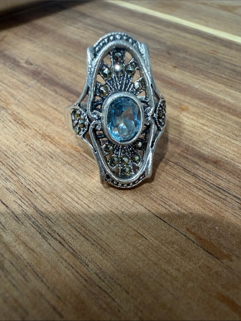 Sterling Silver Filigree Ring with Light Blue Oval Gem size 7
